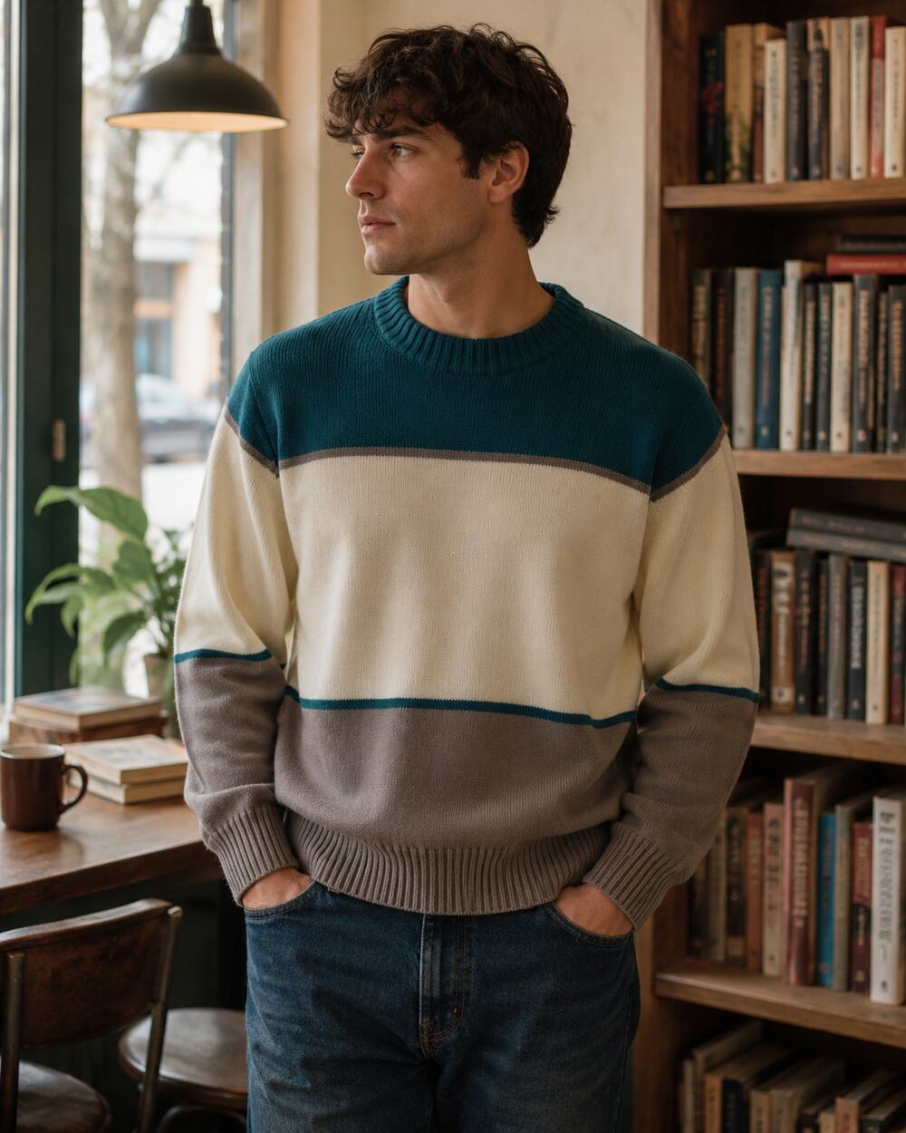 Vintage Grandpa Core Colorblock Sweater Medium Teal Cream Taupe Retro Knit